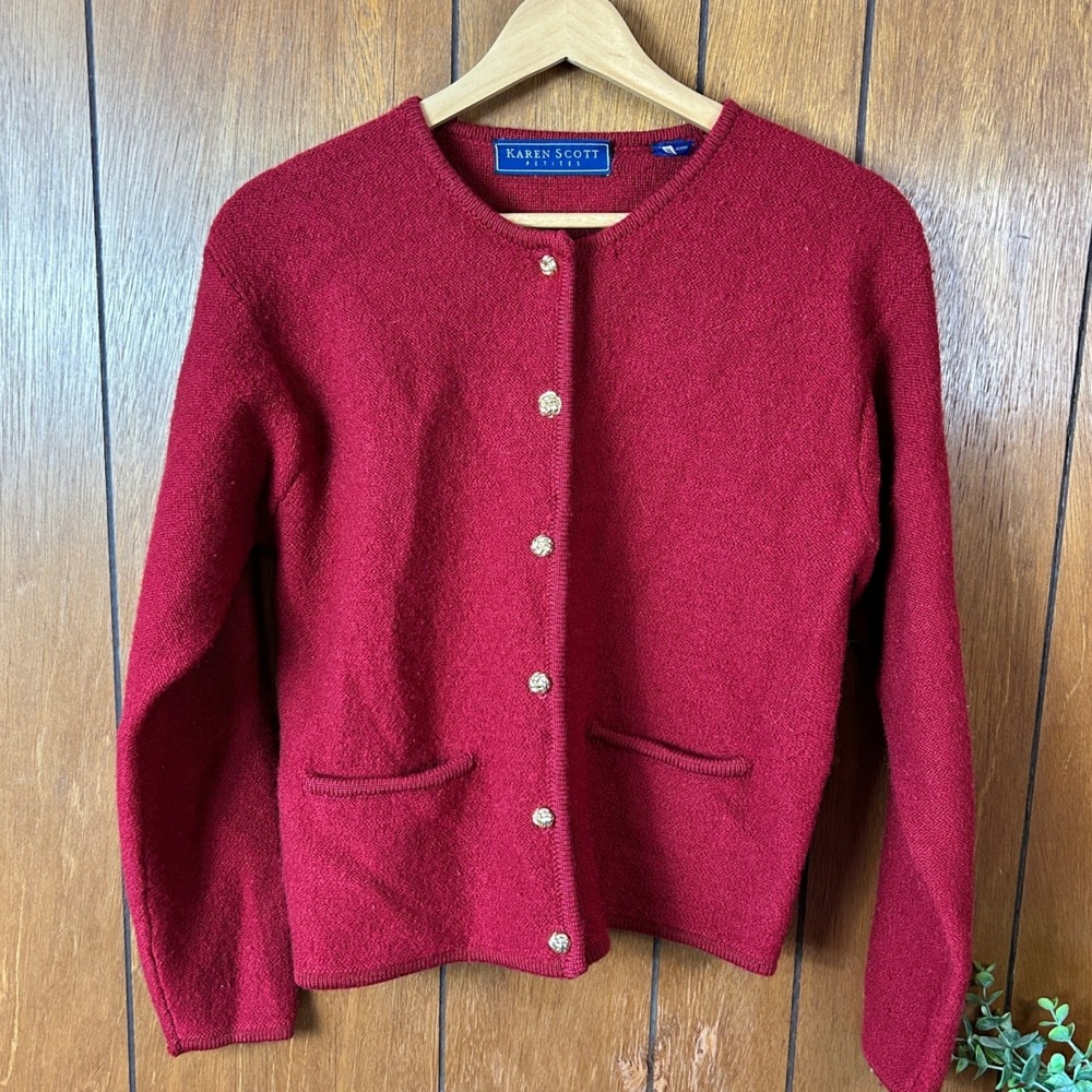 Karen Scott Petites Red Wool Button Front Cardigan Sweater‎ Size PS